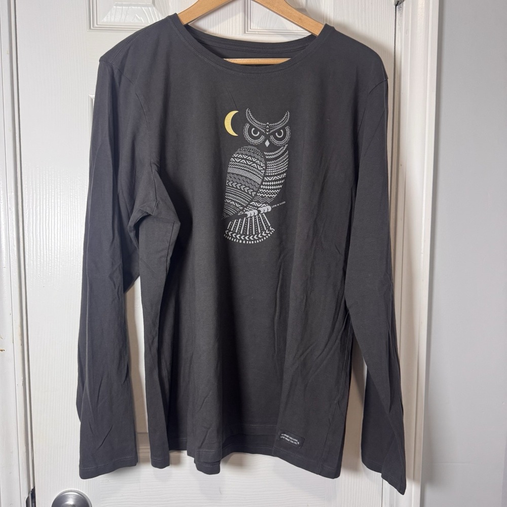 Life Is Good Crusher Tee Men's XL Owl Long Sleeve Black Dark Gray LS T-Shirt